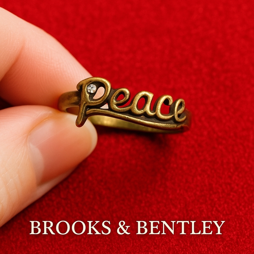 Brooks & Bentley “Peace” Script Ring – Size 8, Gold Tone